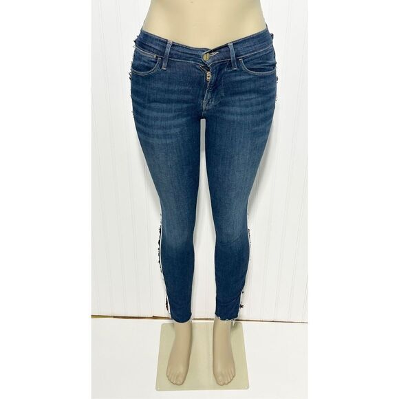 Frame Le High Skinny Multi Tape Stripe Skinny Jeans Raw Hem Dark Wash Size 24 - Picture 12 of 13